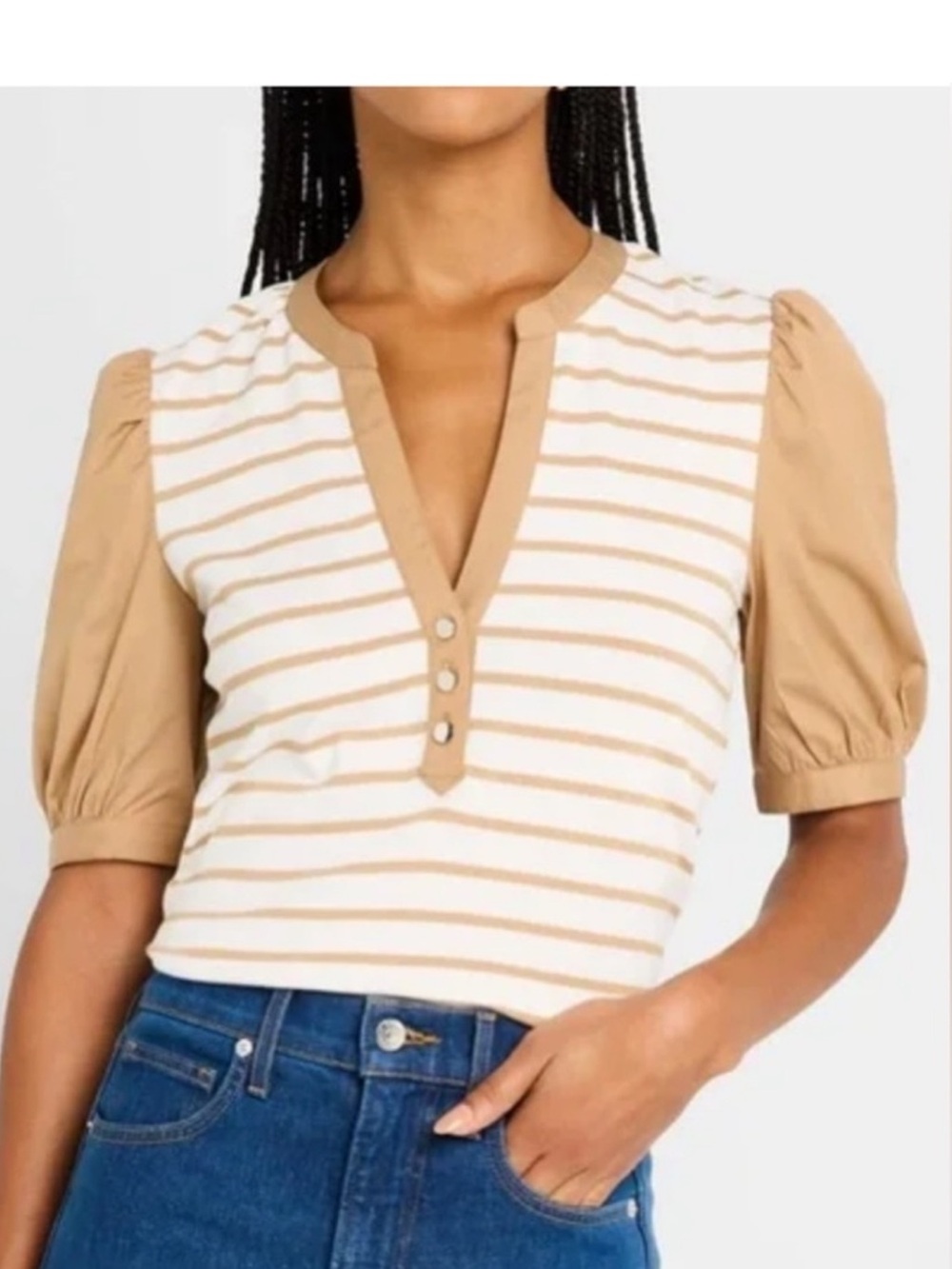 Veronica Beard Tan & White Striped Puff-Sleeve Kellie  Top